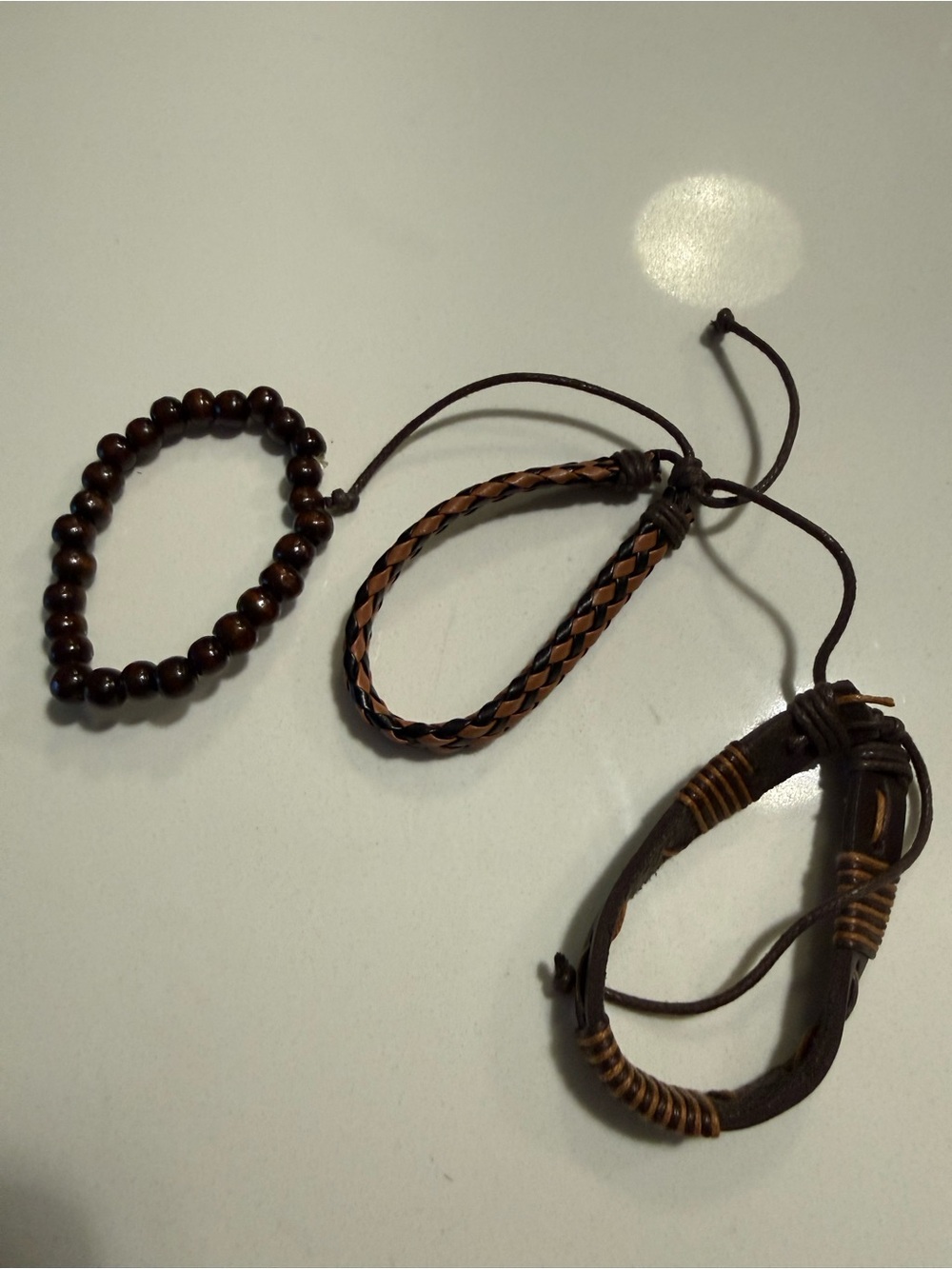 Set of 3 Brown Men's Beaded & Braided Leather Bracelets